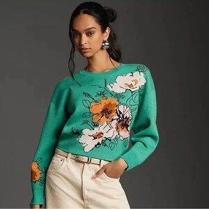 Anthropologie Maeve Teal Floral Sweater